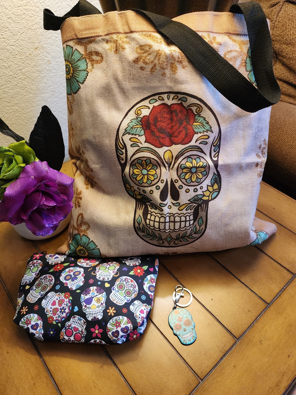 Sugar Skull - Dia De Los Muertos Floral Tote Bag / Cosmetic Bag / Keychain